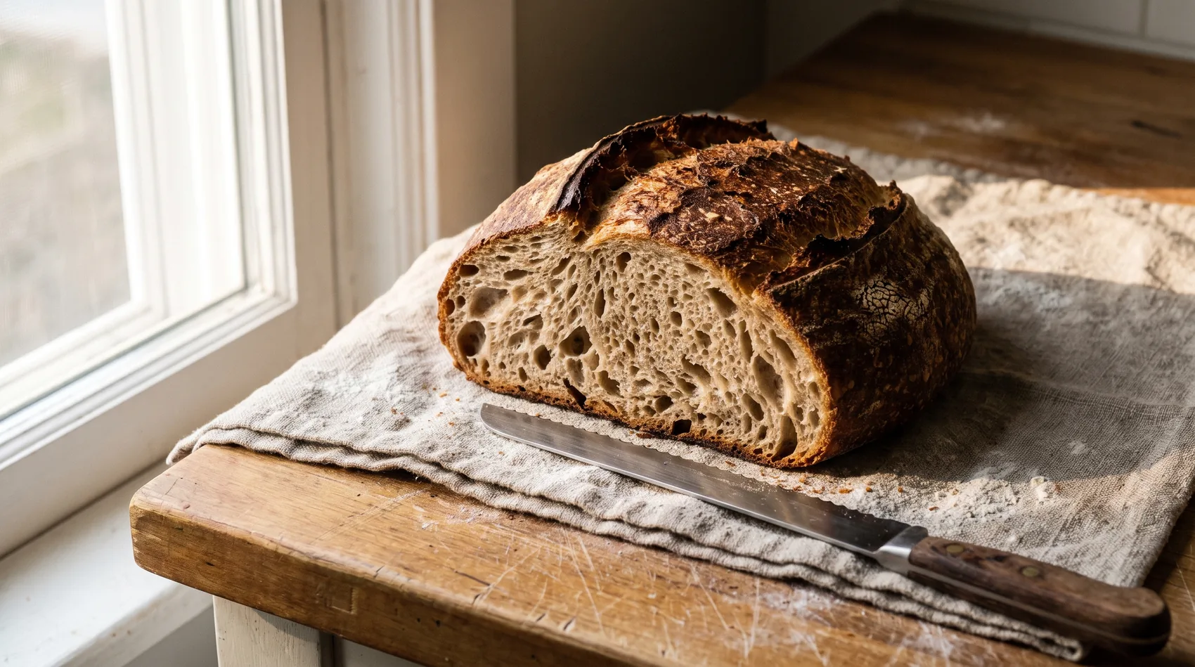 Aufgeschnittenes Sauerteigbrot auf einem mehlbestäubten Leinentuch am Fenster